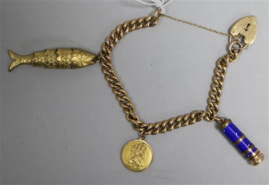 A 9ct gold curblink charm bracelet, hung with three assorted charms, gross 34.8 grams.